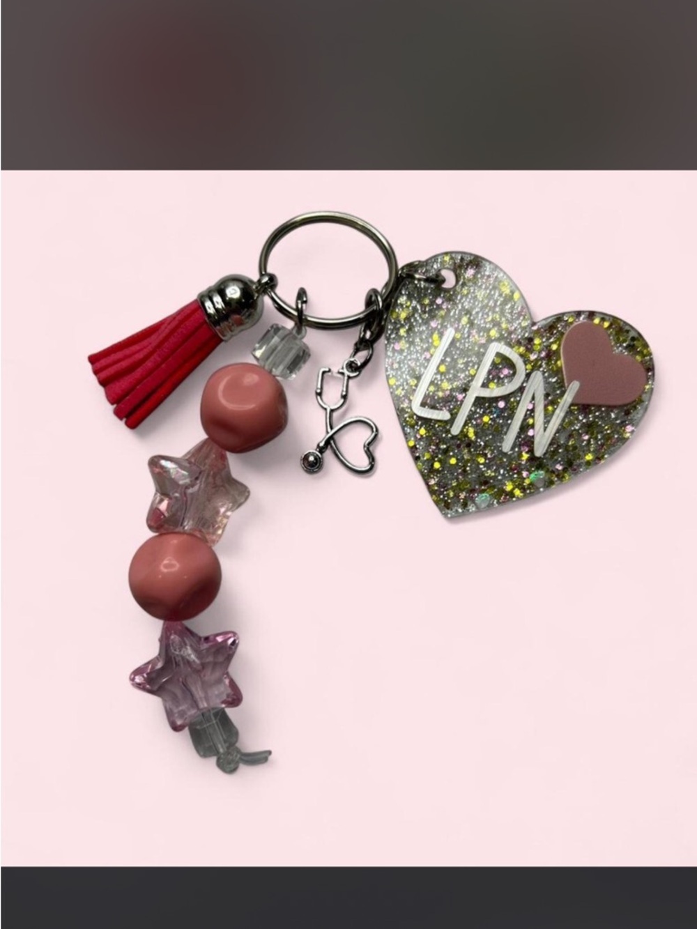 LPN Heart Keychain with Pink Tassel and Bead Charms